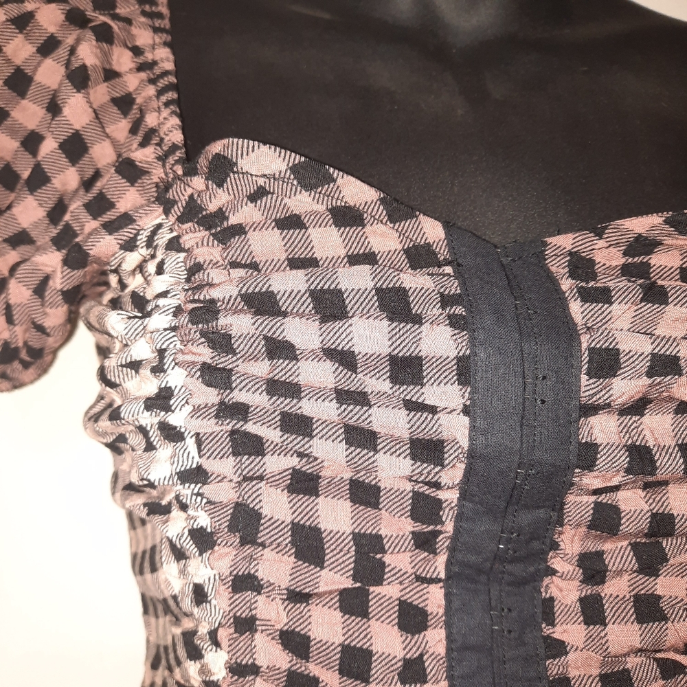 Gingham Corset Puff Sleeve Top Boho Cottage Coquette Y2K Prairie Crop Fairy M - Picture 3 of 8